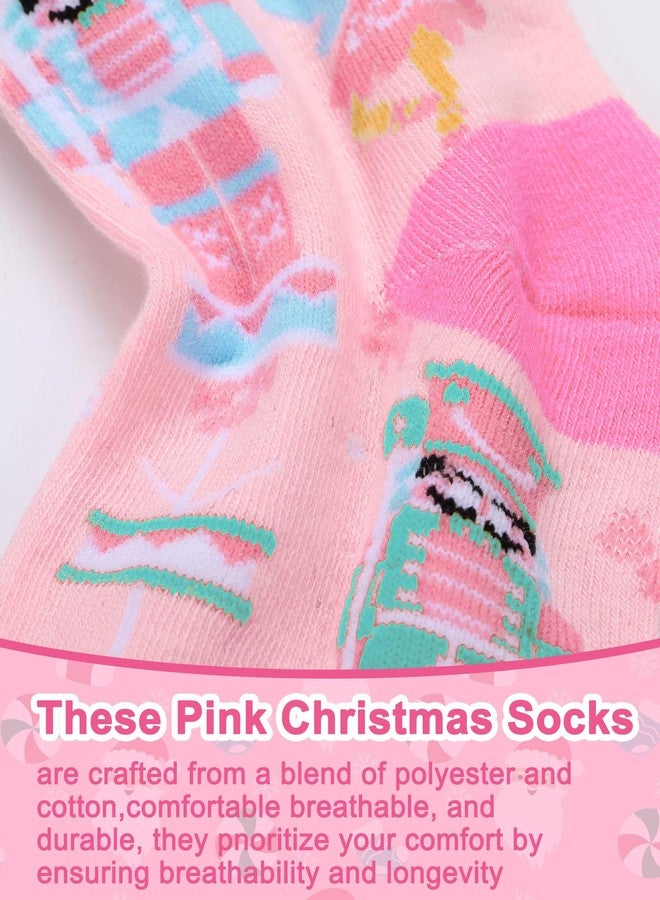 Croloose 6 Pairs Pink Christmas Socks for Women Girls Fun Santa Gnome Nutcracker Snowflake Cotton Xmas Stocking Socks(Crew Style) - Image 5
